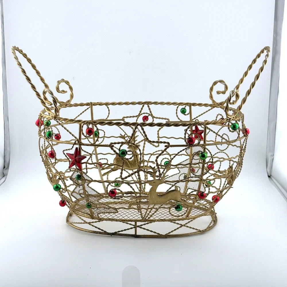 Gold Wire Christmas Basket Reindeer Star Tree Beaded Holiday Decor Centerpiece